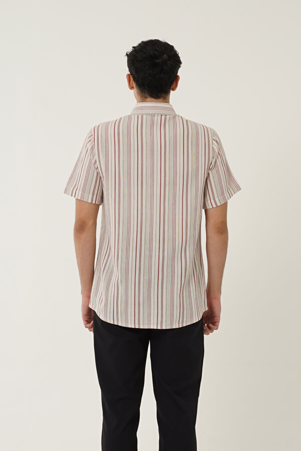 Men Shirt SS Slimfit Lurik Cream Merah