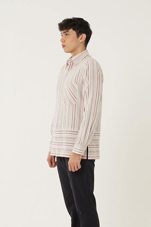 Men Shirt LS Reguler Lurik Cream Merah
