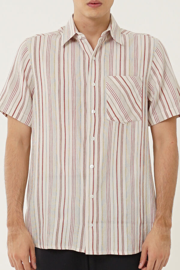 Men Shirt SS Slimfit Lurik Cream Merah